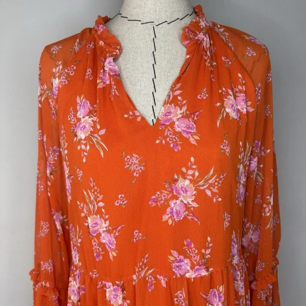 Vince Camuto Mini Short Floral Tiered Ruffle Shift Dress Orange NWT Sz M - Picture 2 of 10